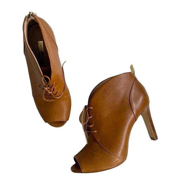 Louise Et Cie Vernonia Peep Toe Lace-Up Booties Brown Leather Block Heel Size 6 - Picture 1 of 7